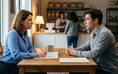 Duas pessoas conversam sentadas à mesa de madeira em estabelecimento comercial. Uma faz anotações em caderno enquanto a outra fala com mãos entrelaçadas, ao lado de caneca e pasta de documentos.