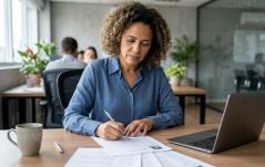 Mulher de cabelo cacheado e camisa azul está sentada em uma mesa de escritório, escrevendo atenta com uma caneta em um documento impresso (aparentemente um currículo). Sobre a mesa de madeira, há um laptop aberto, outros papéis espalhados e uma caneca de café, enquanto ao fundo outros colegas trabalham no ambiente corporativo.