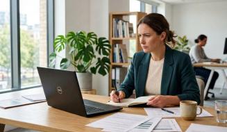 Uma mulher com blazer verde trabalha concentrada diante de um notebook em sua mesa de escritório cheia de papéis. Ao fundo, o ambiente profissional é amplo, iluminado por grandes janelas e decorado com plantas.