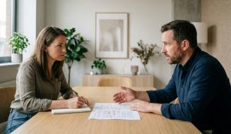 Homem de camisa azul gesticula enquanto explica um documento impresso sobre a mesa. À sua frente, uma mulher de camisa cinza o escuta com atenção e toma notas em um caderno. Ambos estão sentados de frente um para o outro em um escritório iluminado e decorado com plantas.