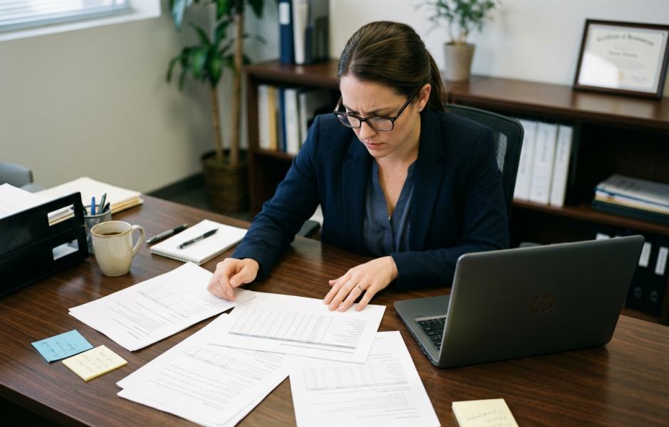 Gestora de recursos humanos com expressão confusa analisando planilhas impressas e documentos espalhados na mesa de escritório ao lado do notebook.