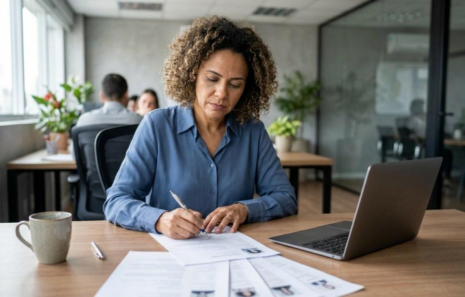 Mulher de cabelo cacheado e camisa azul está sentada em uma mesa de escritório, escrevendo atenta com uma caneta em um documento impresso (aparentemente um currículo). Sobre a mesa de madeira, há um laptop aberto, outros papéis espalhados e uma caneca de café, enquanto ao fundo outros colegas trabalham no ambiente corporativo.