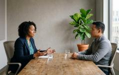 Recrutadora conduzindo uma entrevista de emprego ou reunião de feedback individual com um candidato em uma mesa de escritório de madeira.