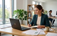 Uma mulher com blazer verde trabalha concentrada diante de um notebook em sua mesa de escritório cheia de papéis. Ao fundo, o ambiente profissional é amplo, iluminado por grandes janelas e decorado com plantas.