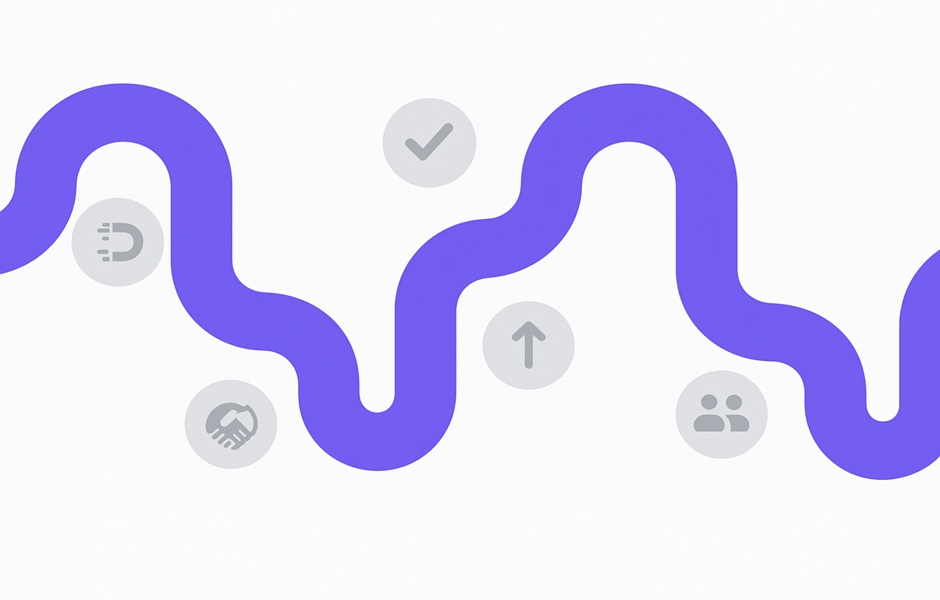 Imagem ilustrativa de um caminho sinuoso com ícones de redes sociais e conexões, representando estratégias de marketing digital e social media.