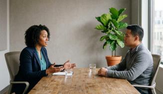 Recrutadora conduzindo uma entrevista de emprego ou reunião de feedback individual com um candidato em uma mesa de escritório de madeira.