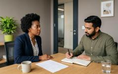 Uma mulher negra com cabelos crespos, vestindo blazer azul-marinho, conversa em uma mesa de escritório com um homem de pele parda e barba, vestido com camisa verde-oliva. O homem faz anotações em um caderno enquanto ela fala. Sobre a mesa de madeira clara, há um papel manuscrito, uma caneca e um copo de água. O ambiente ao fundo é moderno e profissional.