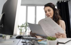 Mulher analisa documentos sentada à frente do computador em um home office organizado.