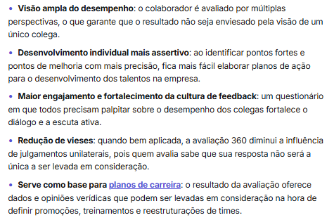 Trecho de artigo listando cinco vantagens da avaliação 360°: visão ampla, desenvolvimento assertivo, engajamento, redução de vieses e base para planos de carreira.
