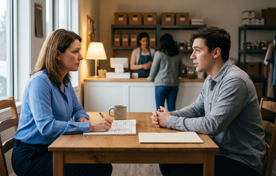 Duas pessoas conversam sentadas à mesa de madeira em estabelecimento comercial. Uma faz anotações em caderno enquanto a outra fala com mãos entrelaçadas, ao lado de caneca e pasta de documentos.