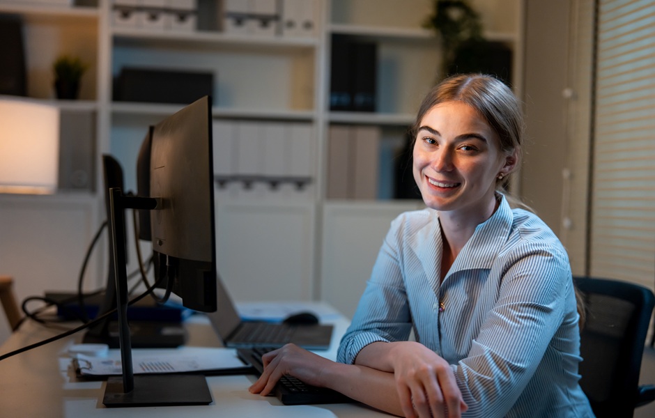 Mulher sorridente usando computador em escritório moderno, trabalhando de casa ou em ambiente profissional, representando produtividade e tecnologia.