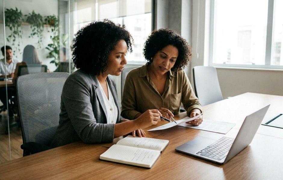 Duas mulheres negras com cabelos cacheados estão sentadas lado a lado em uma mesa de reunião de madeira, analisando juntas papéis impressos. A mulher à esquerda veste um blazer cinza sobre blusa branca e aponta para o documento com uma caneta, enquanto ao lado delas na mesa há um caderno aberto e um laptop.