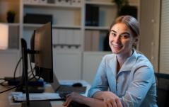 Jovem profissional sorrindo sentada à frente do computador em um escritório.