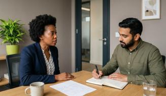 Uma mulher negra com cabelos crespos, vestindo blazer azul-marinho, conversa em uma mesa de escritório com um homem de pele parda e barba, vestido com camisa verde-oliva. O homem faz anotações em um caderno enquanto ela fala. Sobre a mesa de madeira clara, há um papel manuscrito, uma caneca e um copo de água. O ambiente ao fundo é moderno e profissional.