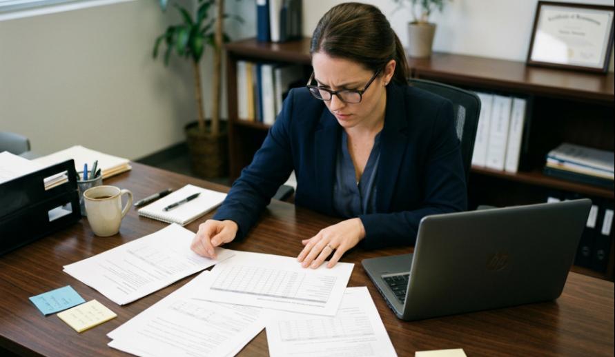 Gestora de recursos humanos com expressão confusa analisando planilhas impressas e documentos espalhados na mesa de escritório ao lado do notebook.