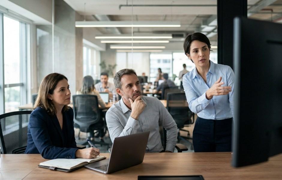 Mulher em pé gesturing para um monitor de computador enquanto apresenta dados aos colegas. Dois profissionais sentados à mesa observam atentamente a apresentação, um com mão no queixo e outra a tomar notas num caderno. Reunião de trabalho num escritório moderno em conceito aberto com outros colaboradores ao fundo.