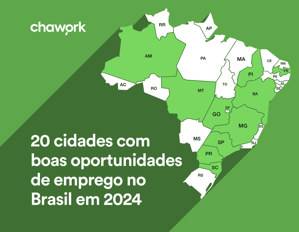 Mapa do Brasil em verde destacando os estados com melhores oportunidades, apresentando o tema 