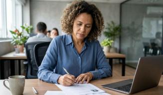 Mulher de cabelo cacheado e camisa azul está sentada em uma mesa de escritório, escrevendo atenta com uma caneta em um documento impresso (aparentemente um currículo). Sobre a mesa de madeira, há um laptop aberto, outros papéis espalhados e uma caneca de café, enquanto ao fundo outros colegas trabalham no ambiente corporativo.