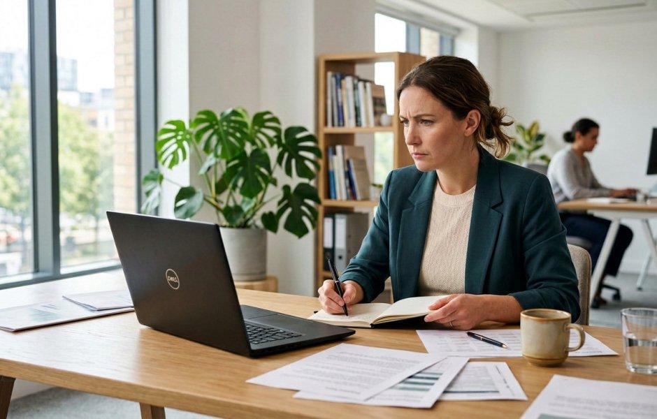 Uma mulher com blazer verde trabalha concentrada diante de um notebook em sua mesa de escritório cheia de papéis. Ao fundo, o ambiente profissional é amplo, iluminado por grandes janelas e decorado com plantas.