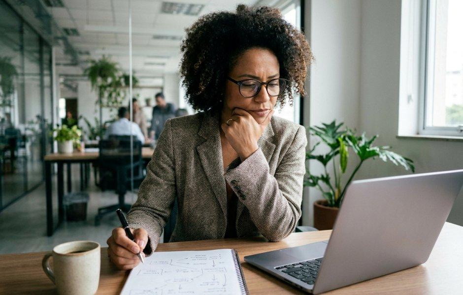 Mulher de óculos observa a tela do notebook com a mão no queixo em tom concentrado. Ela toma notas em um caderno ao lado de uma caneca sobre a mesa de madeira. Ao fundo, vê-se um escritório moderno, bem iluminado e decorado com plantas.