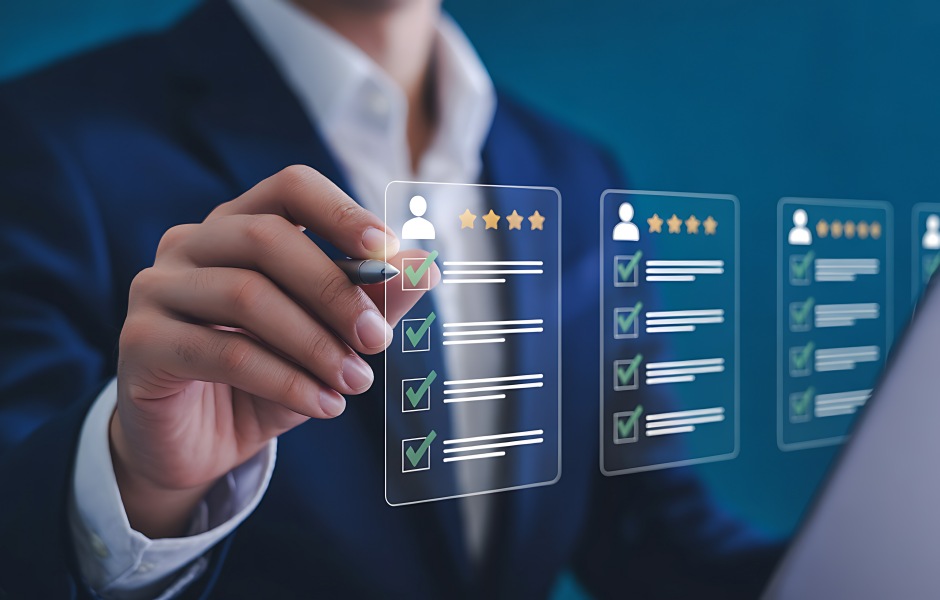 Executivo interagindo com avaliações digitais holográficas de desempenho, com estrelas e checklists, representando gestão de performance ou feedback de colaboradores.