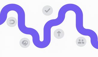 Imagem ilustrativa de um caminho sinuoso com ícones de redes sociais e conexões, representando estratégias de marketing digital e social media.